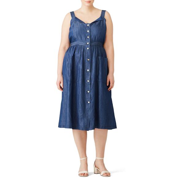 DRAPER JAMES X ELOQUII Denim Blue Chambray 100% Cotton Gold Button Dress sz 24 - Picture 1 of 15